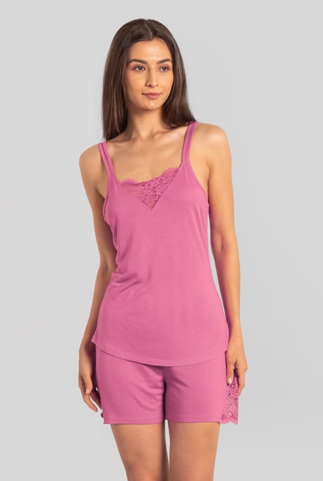 Pink Shoulder Straps Lace Up Cami Set
