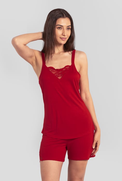 Red Shoulder Straps Lace Up Cami Set