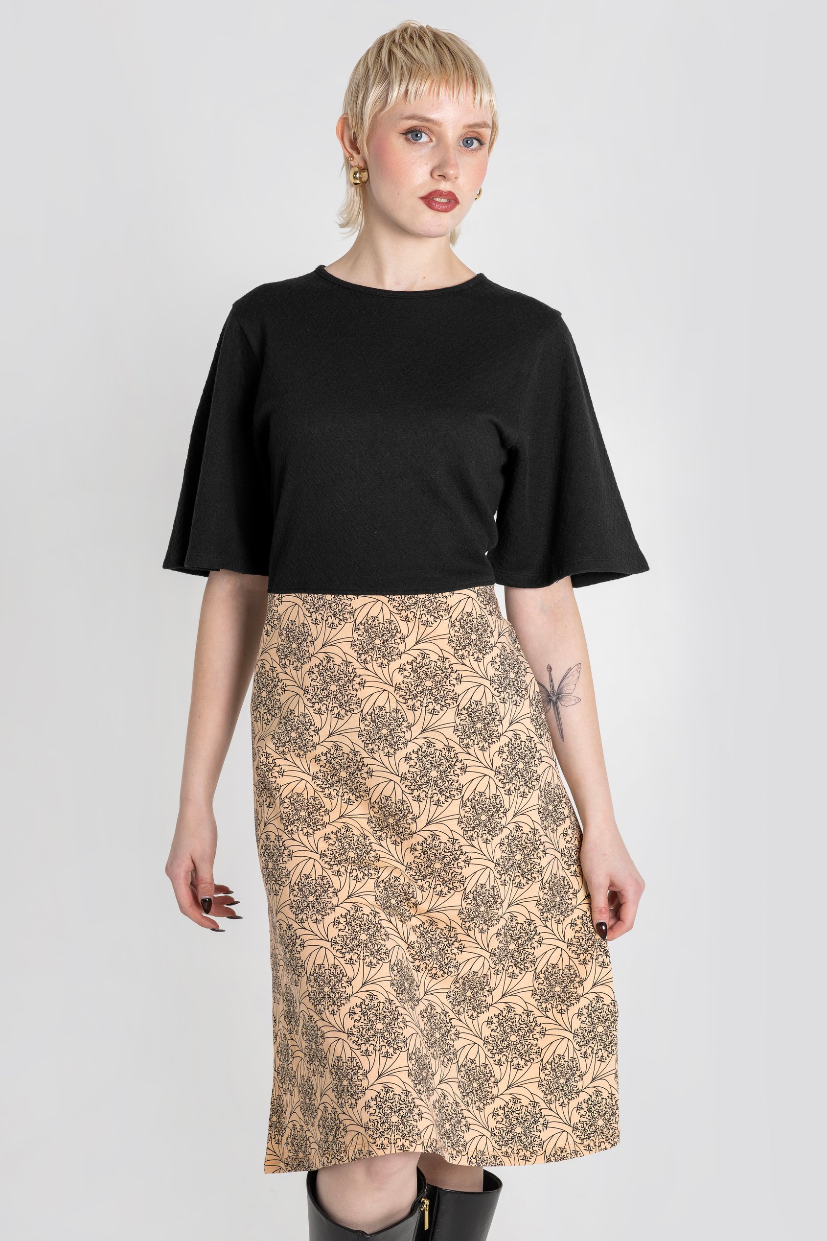 Enorsia Women's Black Printed Skirt Detail Design Jersey Dress - Uk 14