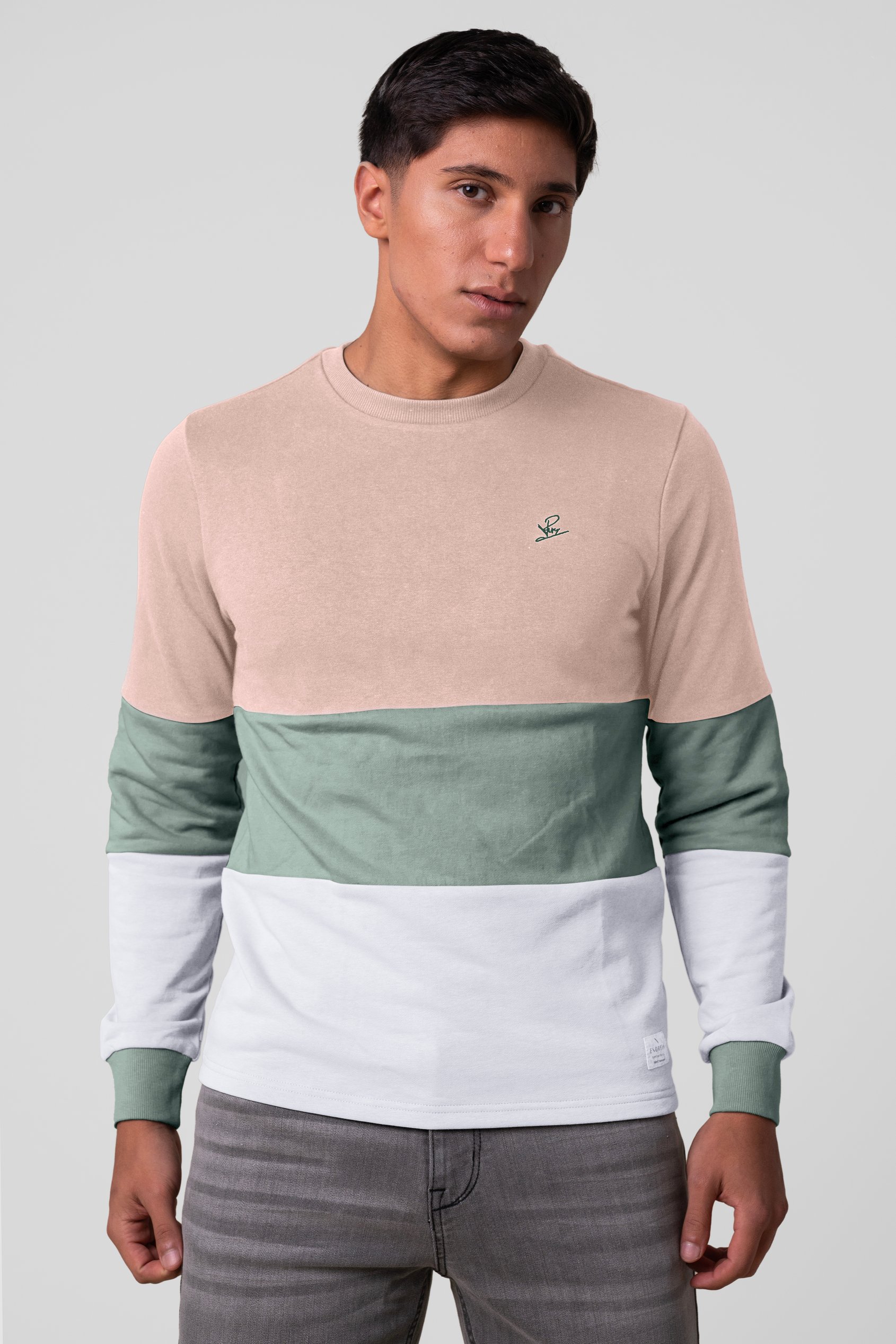 Enorsia Men's Cream Long Sleeve Colourblock Sweatshirts - Uk S