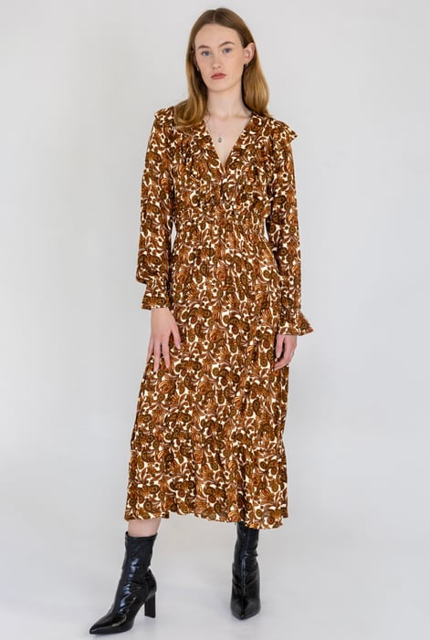 Brown Paisley Printed Viscose Shirred Maxi Dress