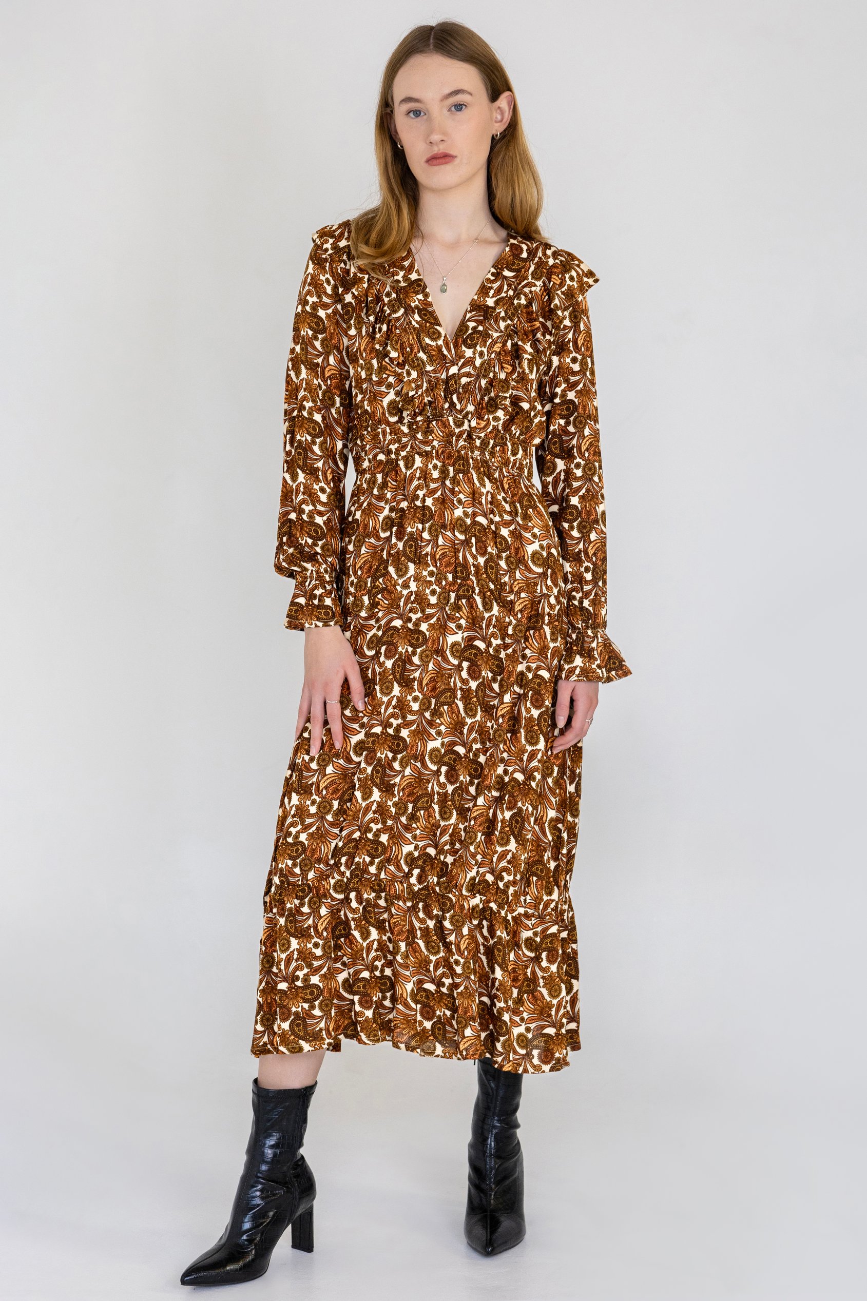 Enorsia Women's Brown Paisley Printed Viscose Shirred Maxi Dress - Uk 18
