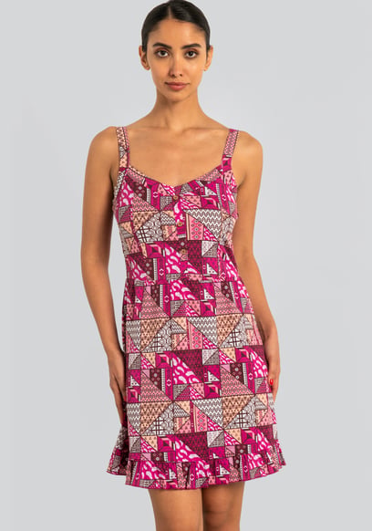 Frill Hem Smocked Back Printed Mini Dress