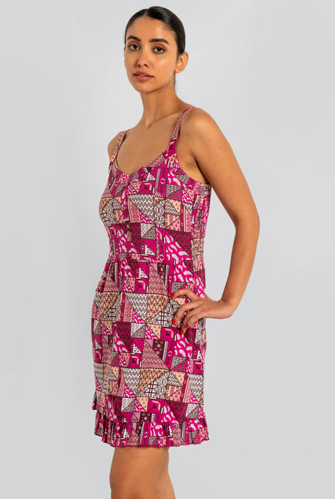 Red Frill Hem Smocked Back Printed Mini Dress