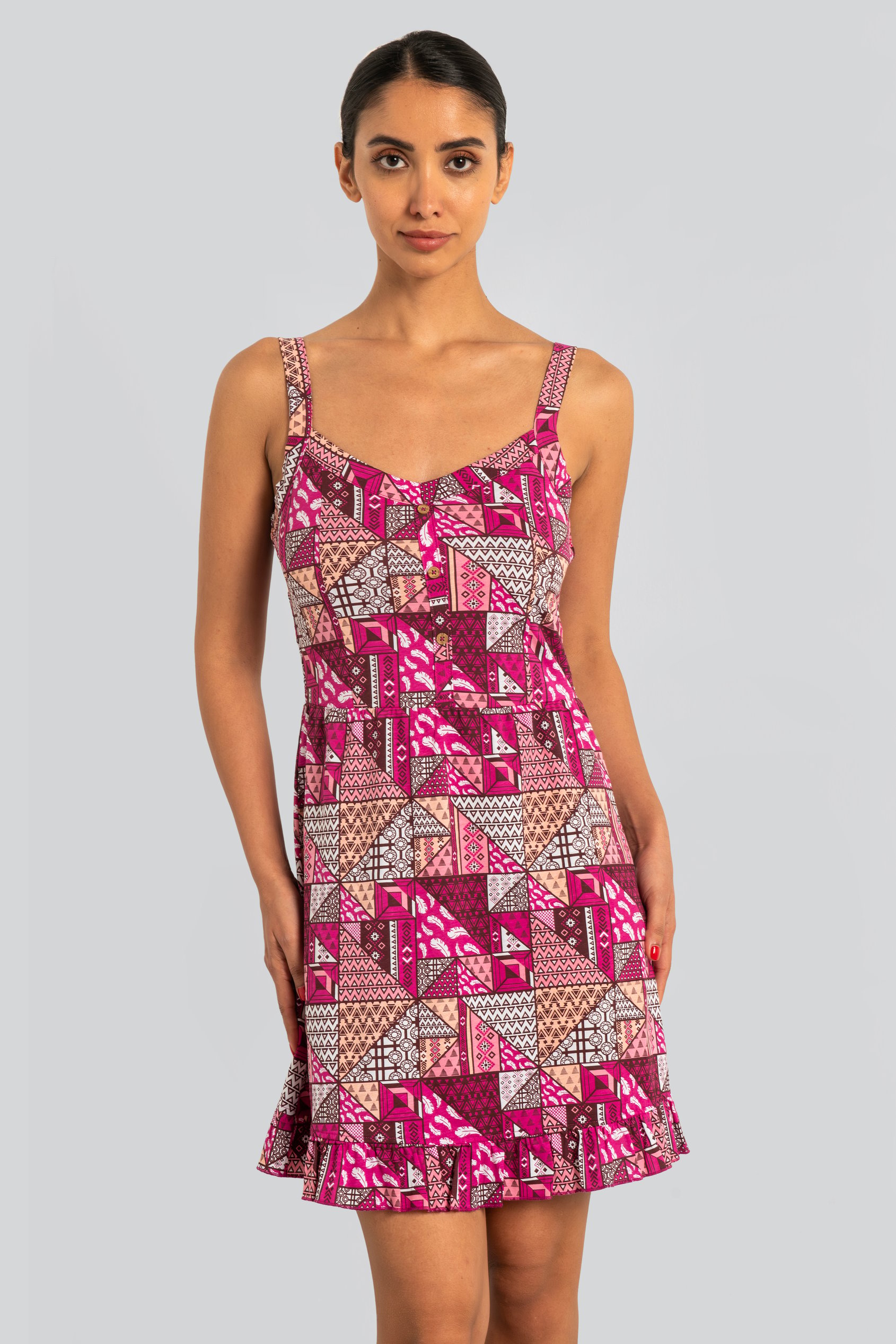 Frill Hem Smocked Back Printed Mini Dress