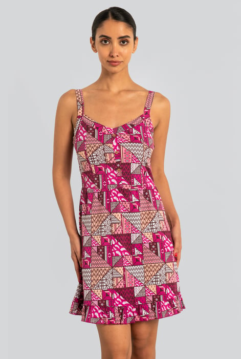 Red Frill Hem Smocked Back Printed Mini Dress
