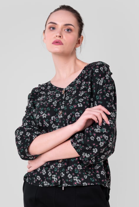 Womens Black Floral Print Button Front Blouse