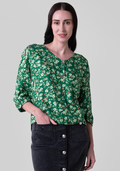 Womens Floral Print Button Front Blouse
