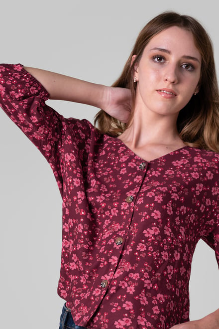 Womens Floral Print Button Front Blouse