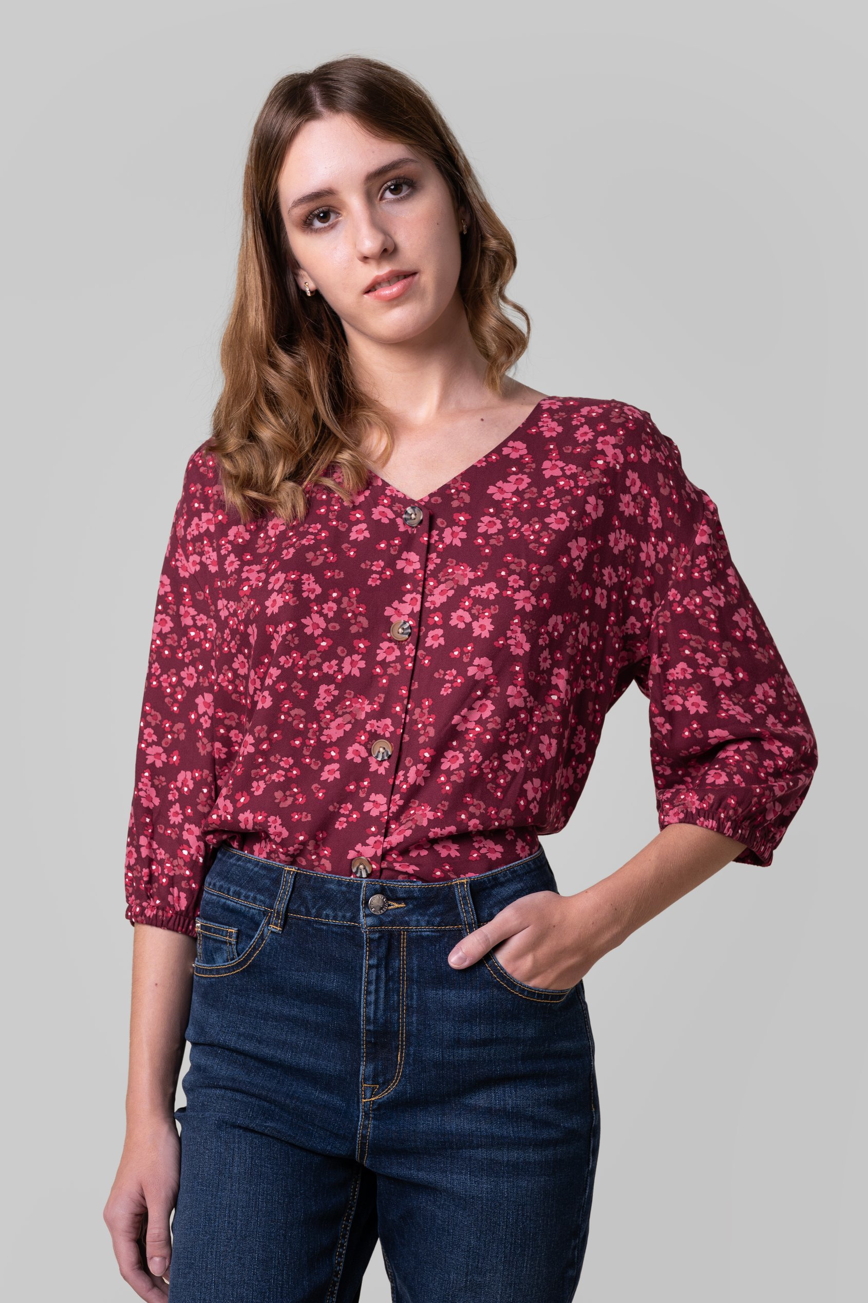 Enorsia Women's Red Floral Print Button Front Blouse - Uk 14