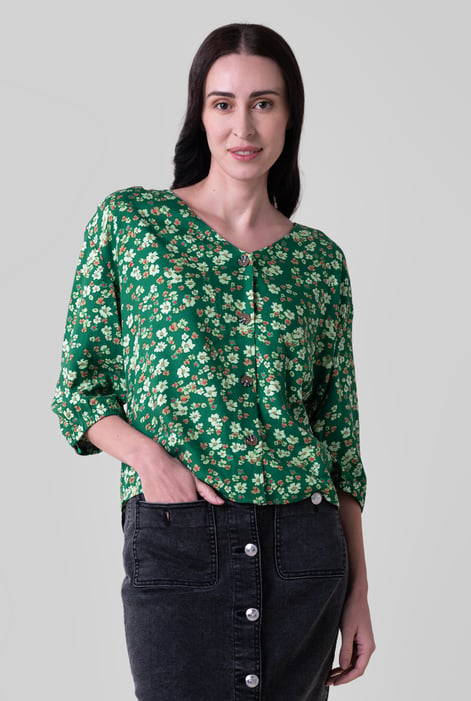 Womens Red Floral Print Button Front Blouse