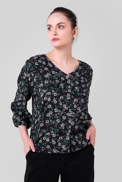 Womens Red Floral Print Button Front Blouse