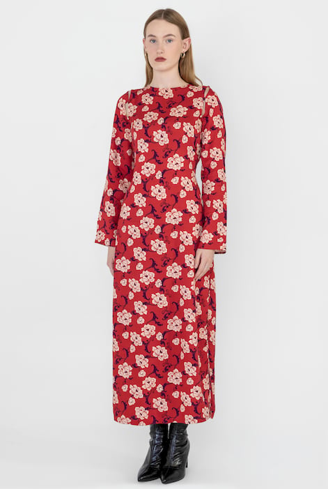 Red Floral Elegance Maxi Dress With Removable Sleeve