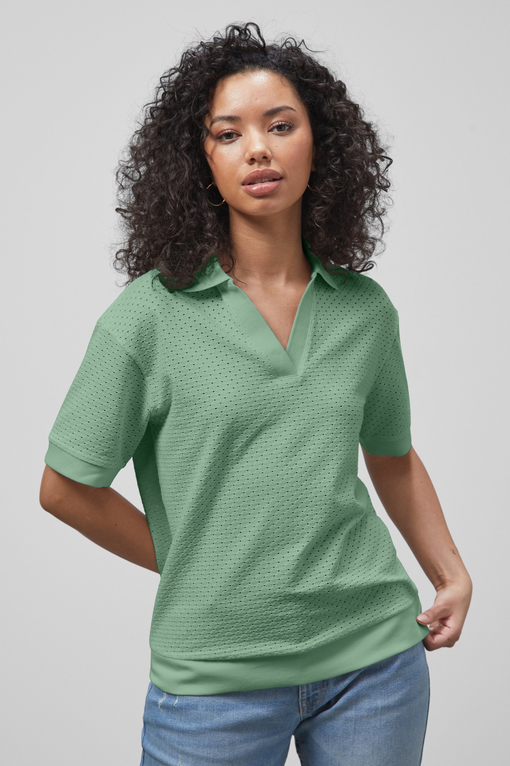 Enorsia Women's Green Mesh Textured Polo Shirts - Uk 10