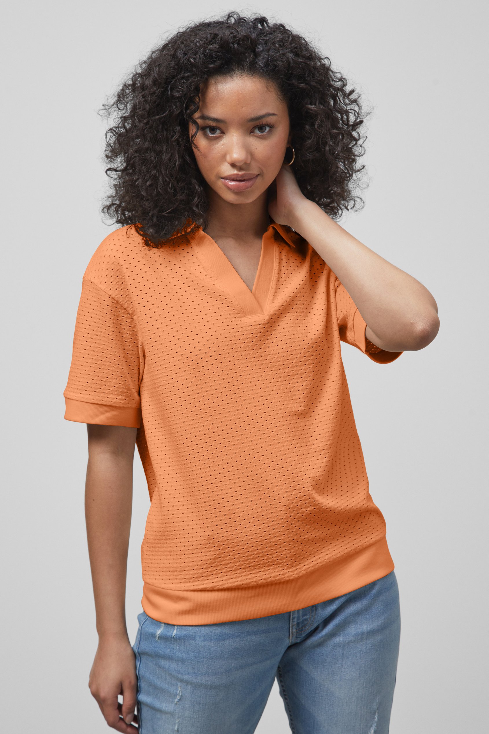 Enorsia Women's Orange Mesh Textured Polo Shirts - Uk 10
