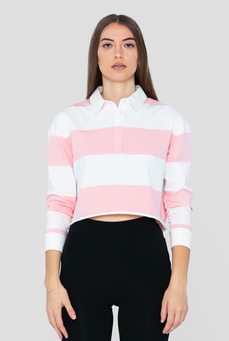 Pink Raw Edge Hem Crop Striped Poloshirt YD