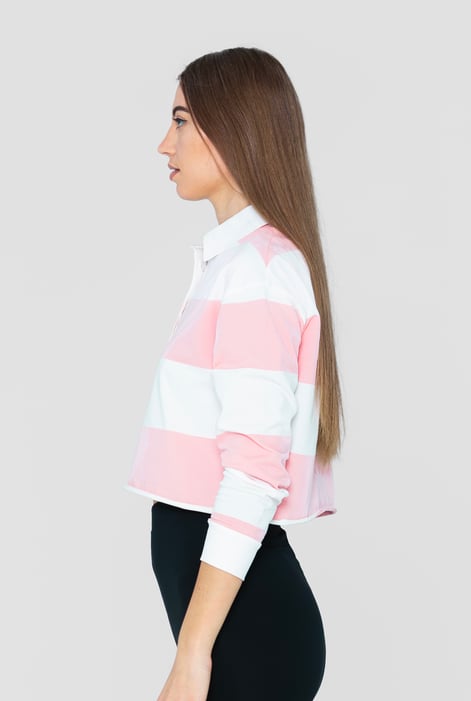 Pink Raw Edge Hem Crop Striped Poloshirt YD