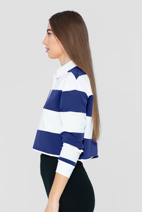 Blue Raw Edge Hem Crop Striped Poloshirt YD