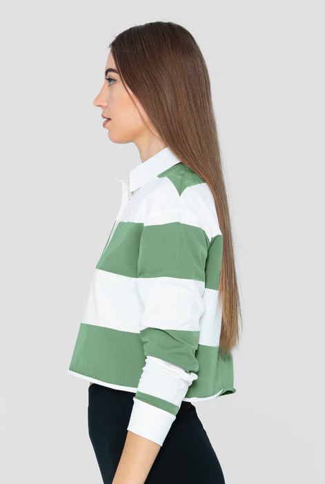 Green Raw Edge Hem Crop Striped Poloshirt YD