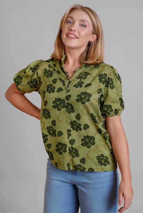 Green Floral Print Short Sleeve Tops