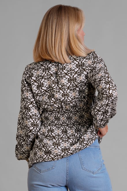Printed Top With Band Collar And Smocked Waist