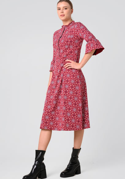 Ditsy Floral Flounce Sleeve Midi Dress