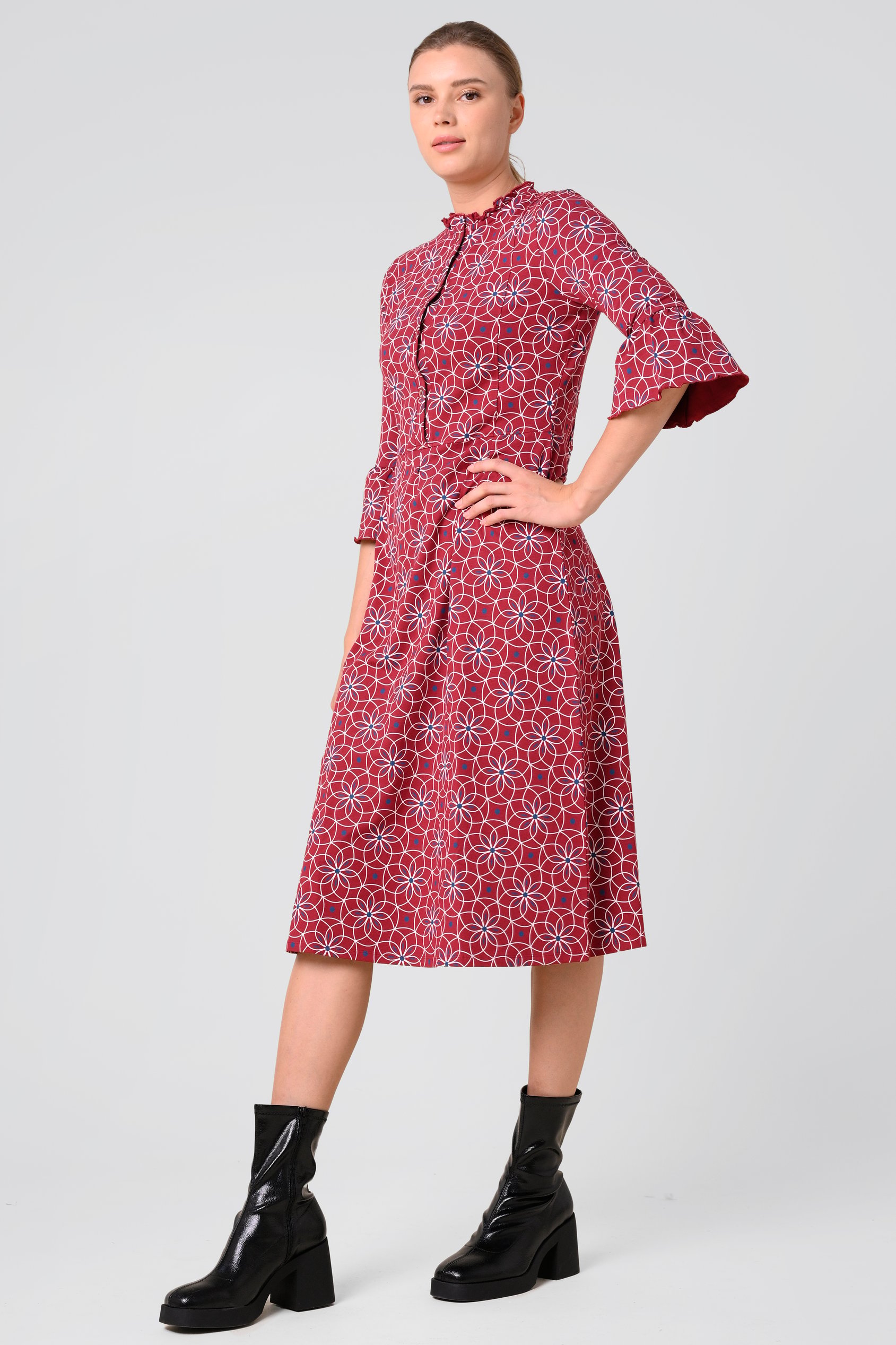 Enorsia Women's Red Ditsy Floral Flounce Sleeve Midi Dress - Uk 14