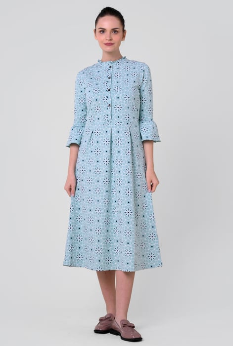 Cream Ditsy Floral Flounce Sleeve Midi Dress