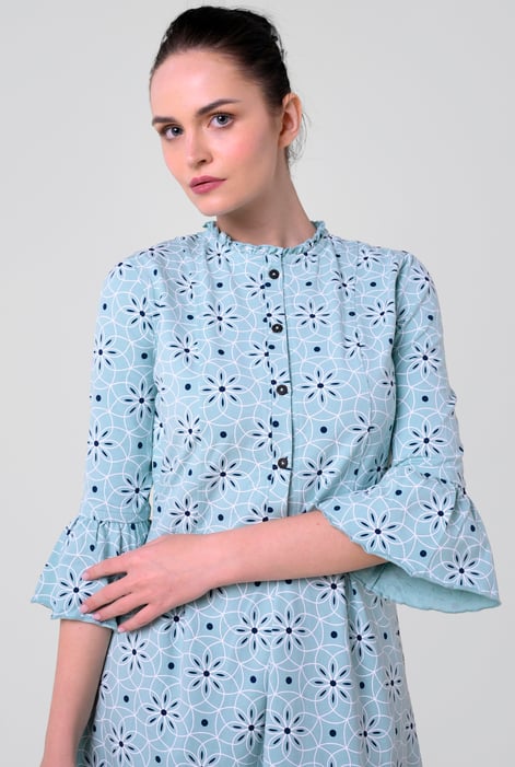 Blue Ditsy Floral Flounce Sleeve Midi Dress