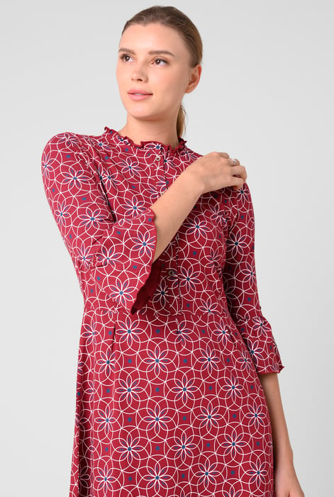 Red Ditsy Floral Flounce Sleeve Midi Dress