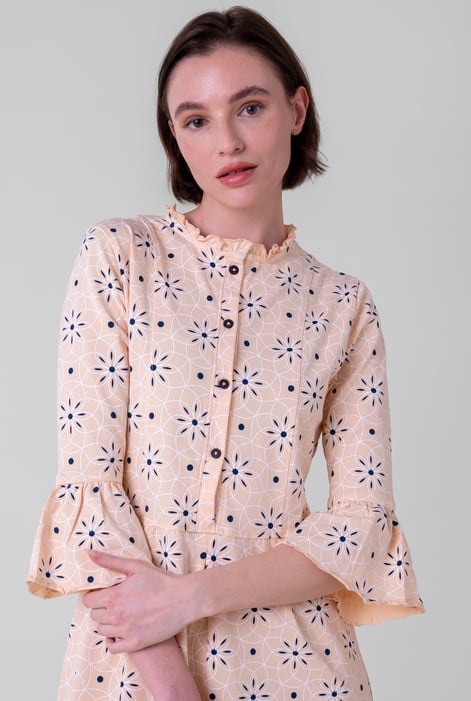 Cream Ditsy Floral Flounce Sleeve Midi Dress