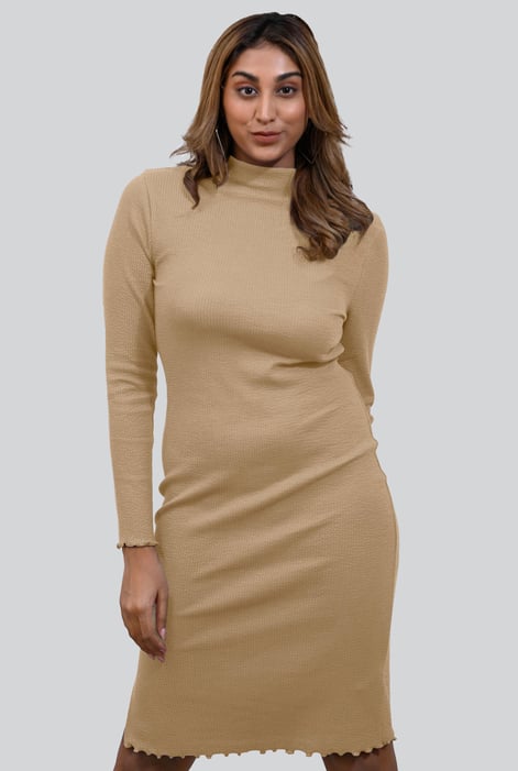 Beige Crepe Ribbed Bodycon Midi Dress