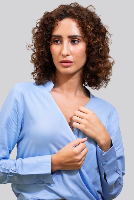 Blue Long Sleeves Wrap Blouse