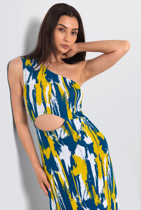 White Brush Print One-Shoulder Ruffled Cutout Dress
