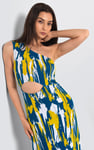 Brush Print One-Shoulder Ruffled Cutout Dress