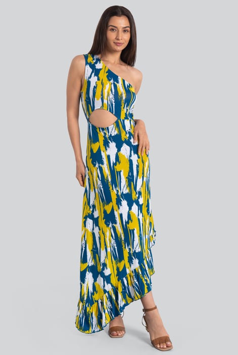 White Brush Print One-Shoulder Ruffled Cutout Dress