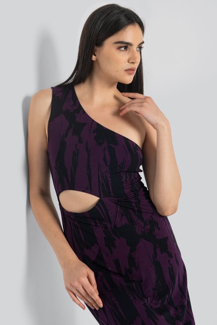 Brush Print One-Shoulder Ruffled Cutout Dress