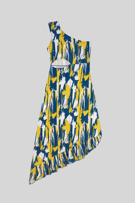 Brush Print One-Shoulder Ruffled Cutout Dress