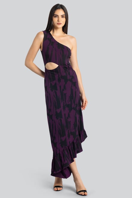 Brush Print One-Shoulder Ruffled Cutout Dress