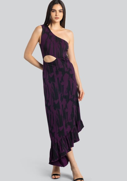 Brush Print One-Shoulder Ruffled Cutout Dress