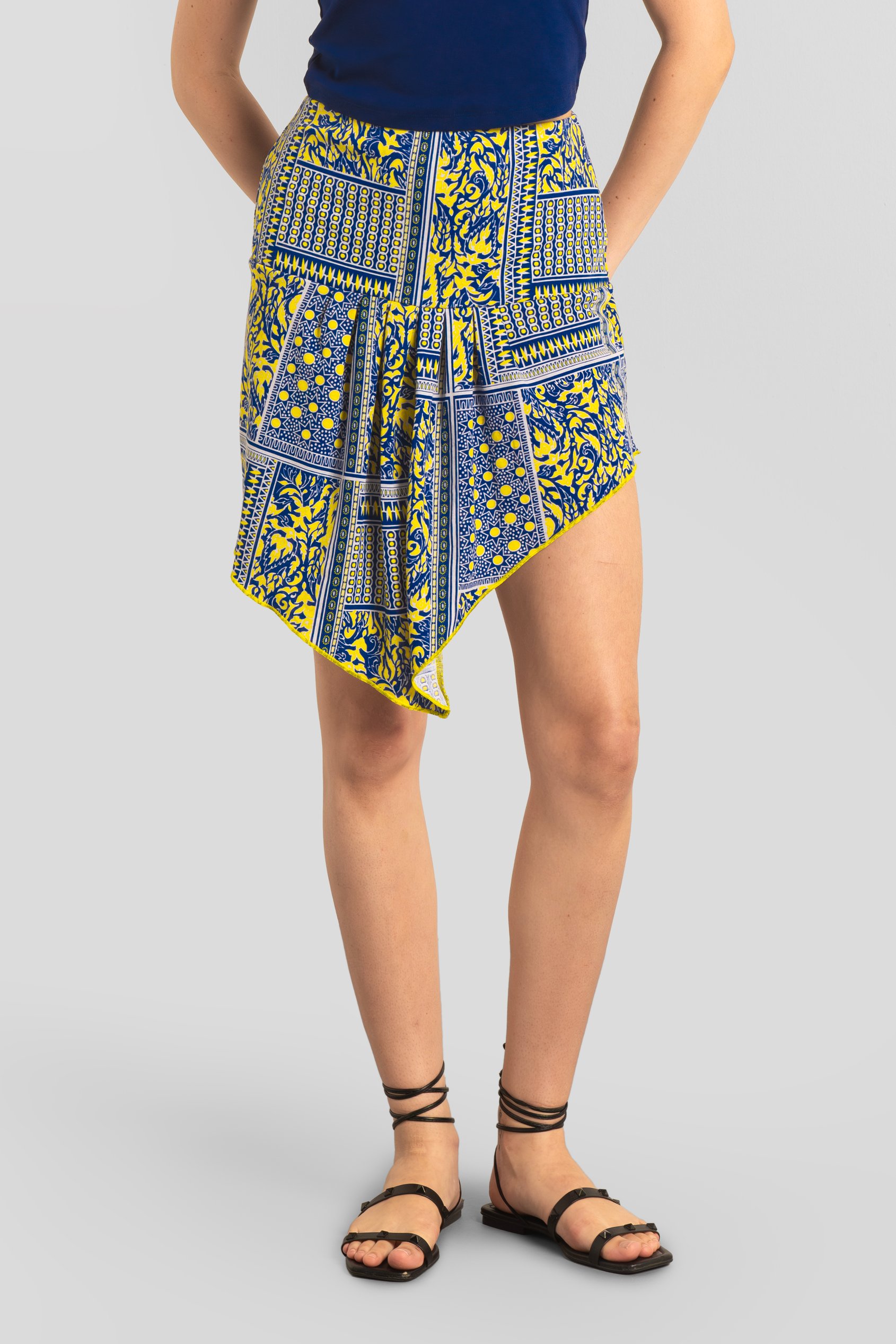 Enorsia Women's Blue Asymmetric Jersey Mini Skirt - Uk 14