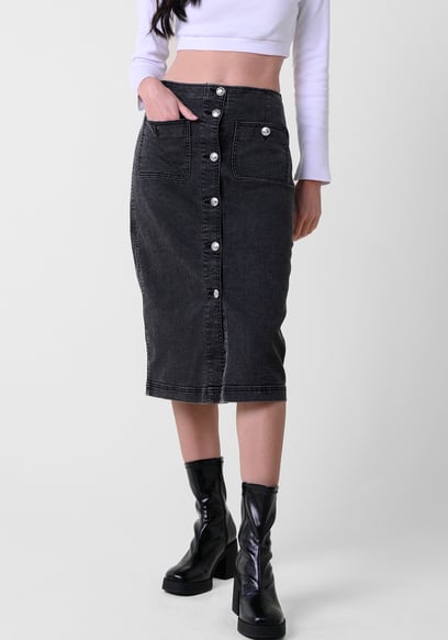 Washed Black Denim Midi Skirt