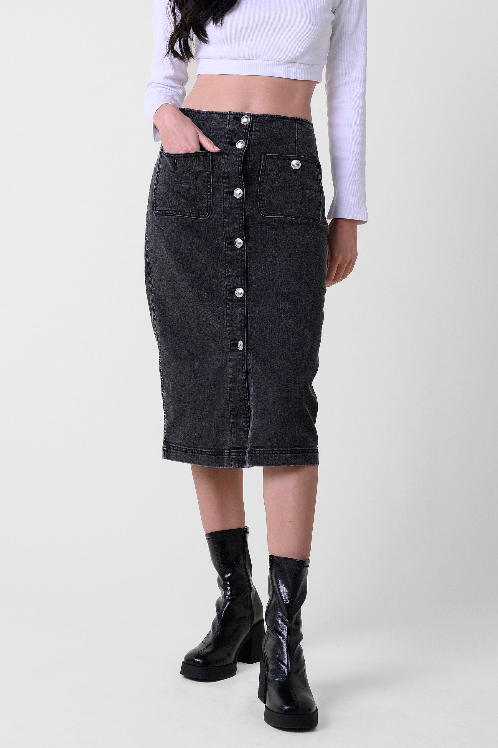 Enorsia Women's Black Washed Denim Midi Skirt - Uk 12