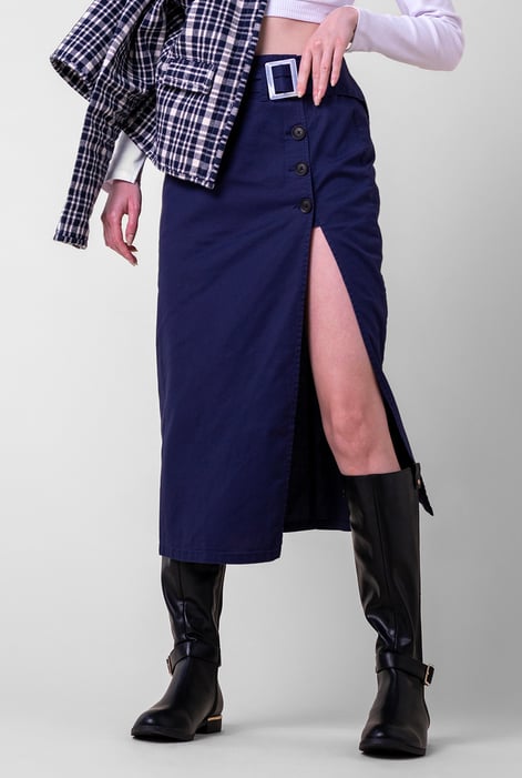 Navy Button Detail Midaxi Skirt with Buckle Belt
