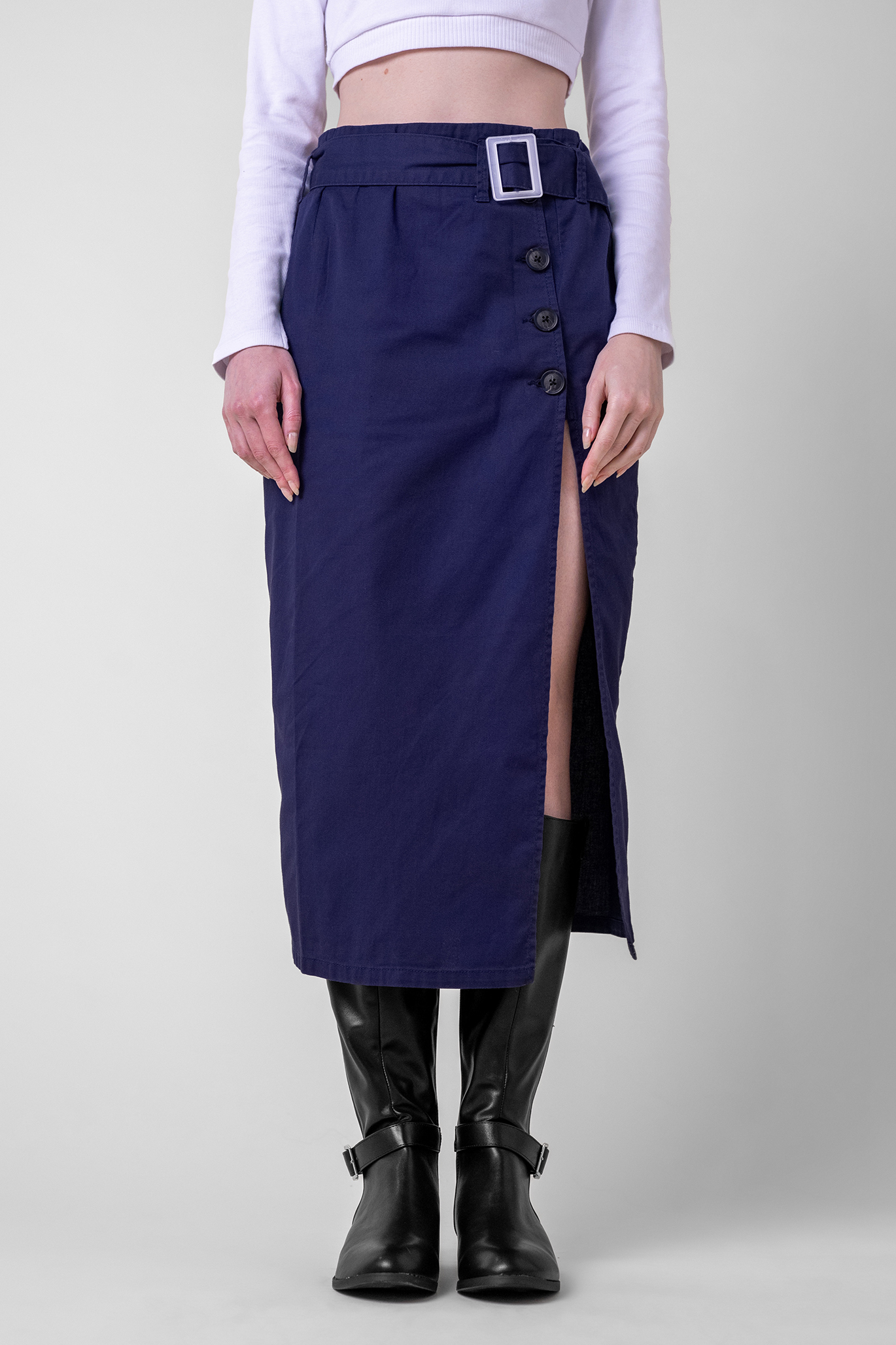 Button Detail Midaxi Skirt with Buckle Belt