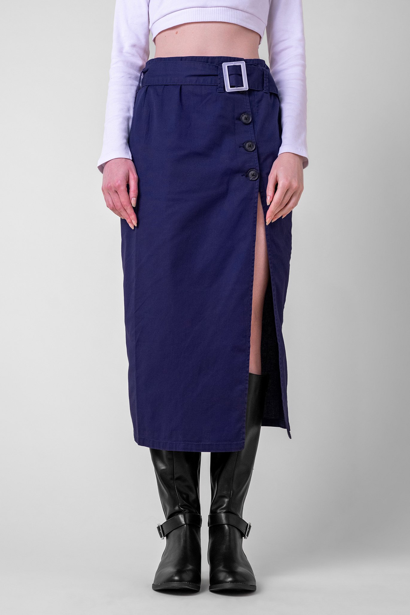 Enorsia Women's Navy Button Detail Midaxi Skirt With Buckle Belt - Uk 14