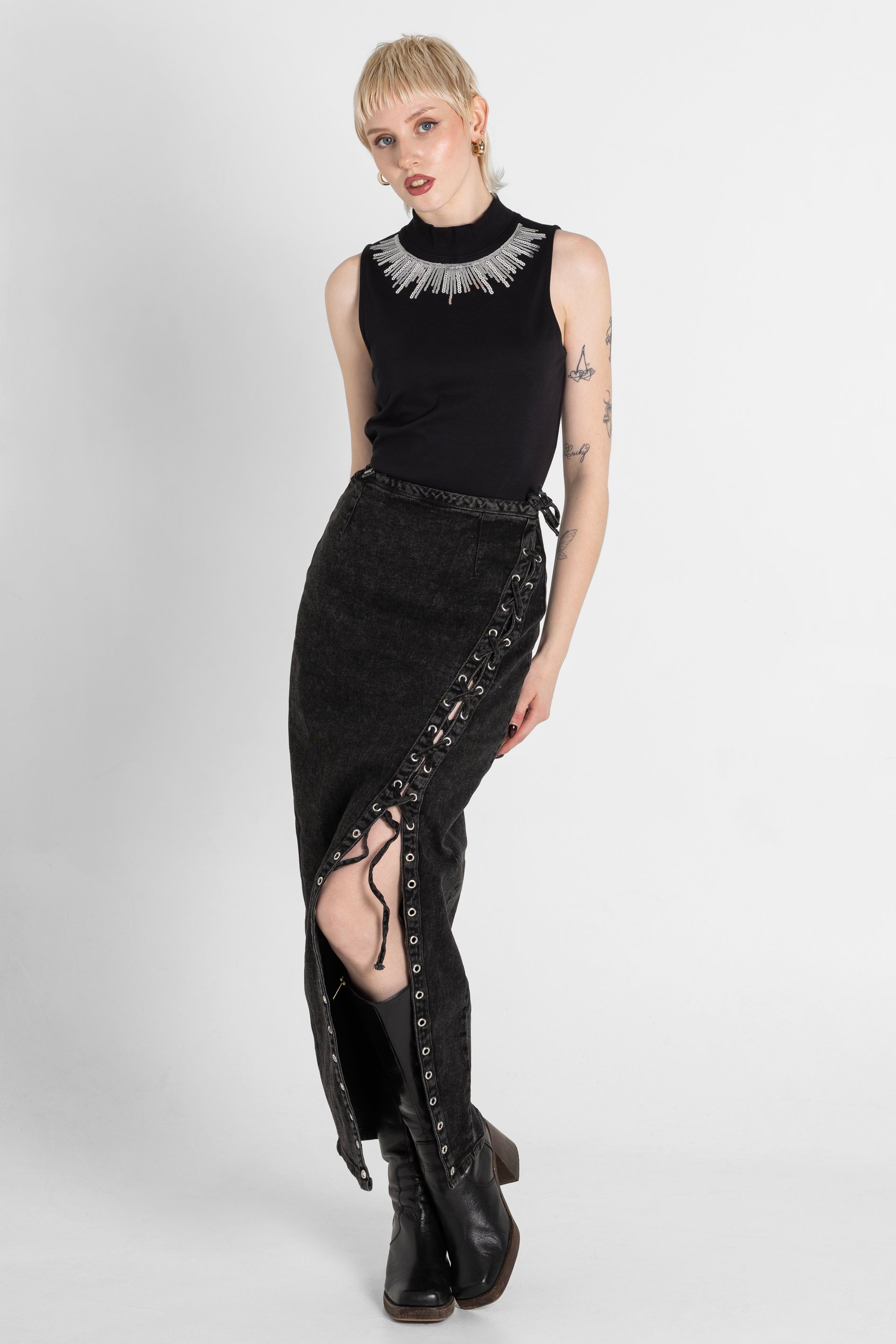 Enorsia Women's Black Tie-Up Detail Denim Maxi Skirt - Uk 18