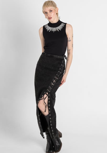 Black Denim Skirt With Asymmetric Lace Up Details