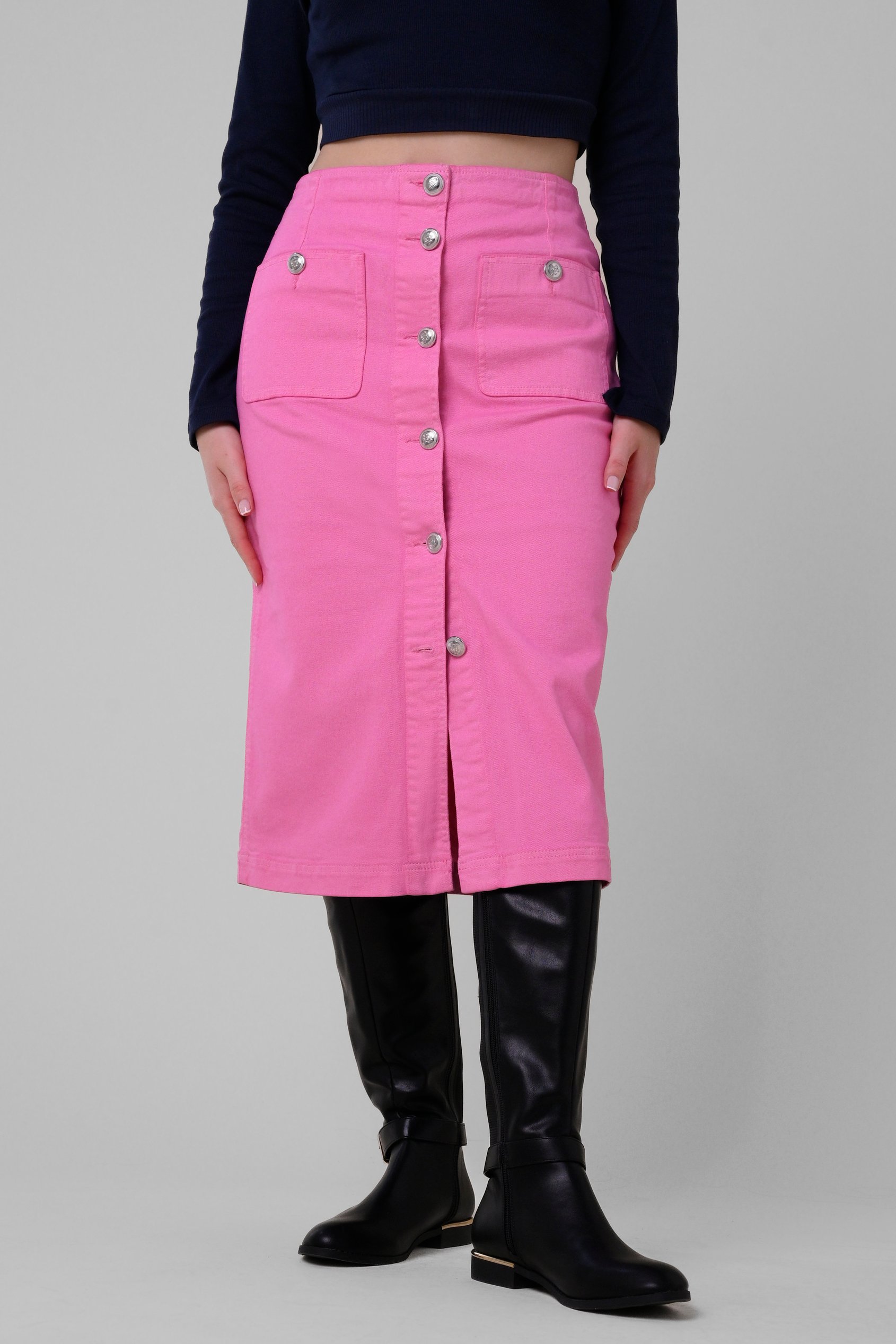 Enorsia Women's Pink Coloured Denim Midi Skirt - Uk 16