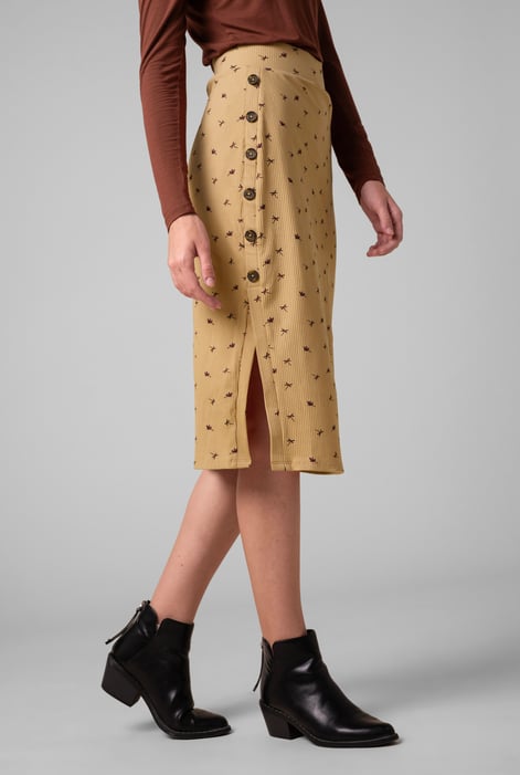 Gold Side Button Split Ribbed Skirt